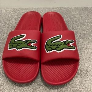 New lacoste mens red embroidered slides ships fast